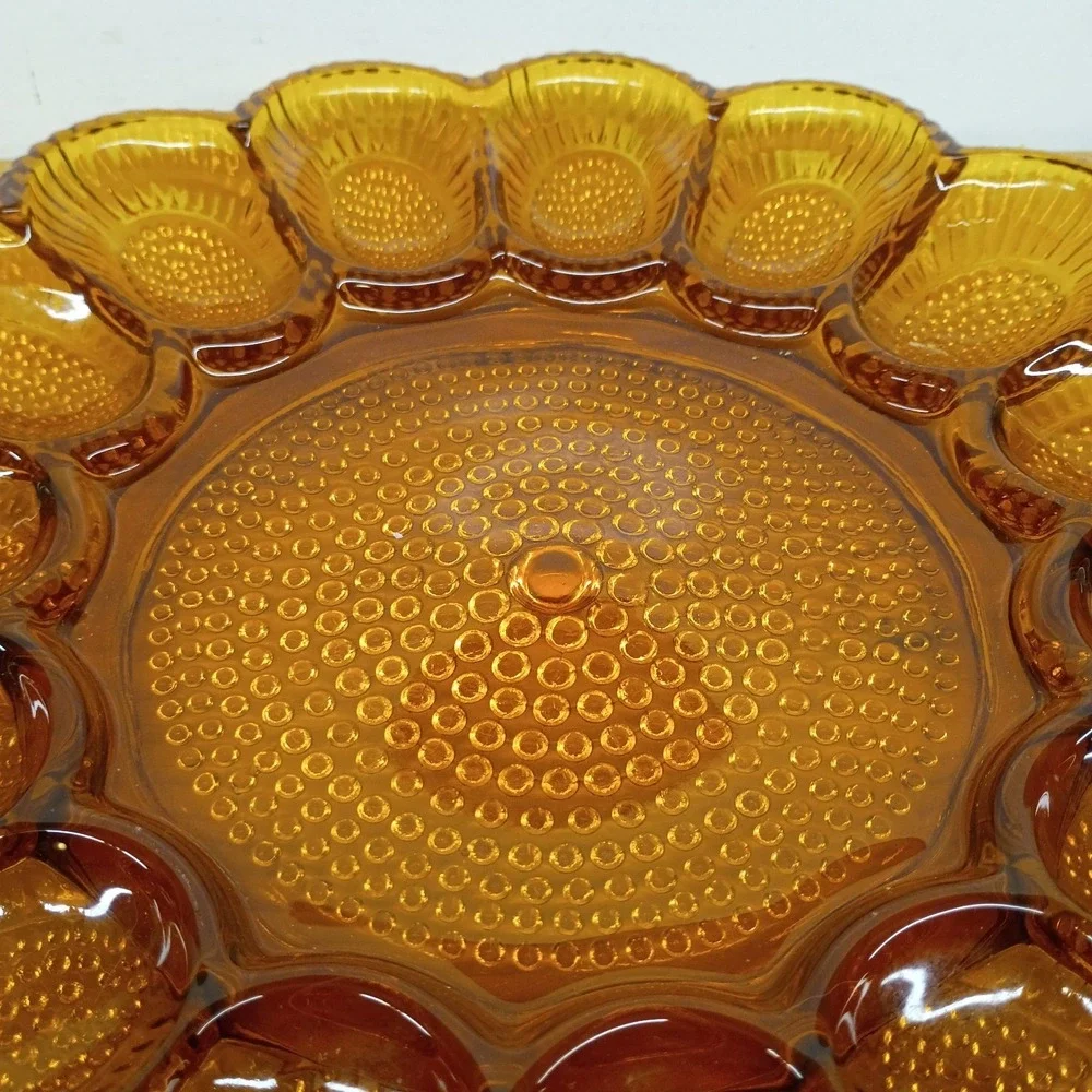 Indiana Glass Deviled Egg Plate Vintage Amber Hobnail 11